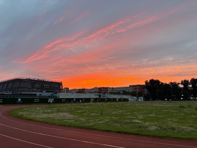 A vibrant sunrise paints the sky with orange and pink hues over a grassy field and buildings