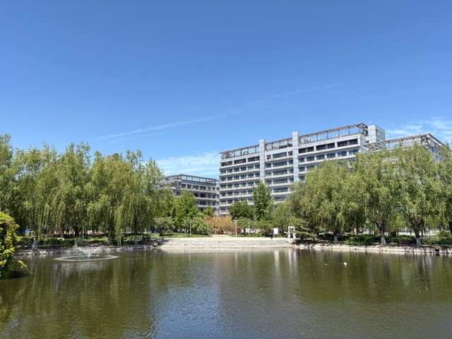 A tranquil pond surrounded by trees with modern multi-story buildings in the background under a clear blue sky