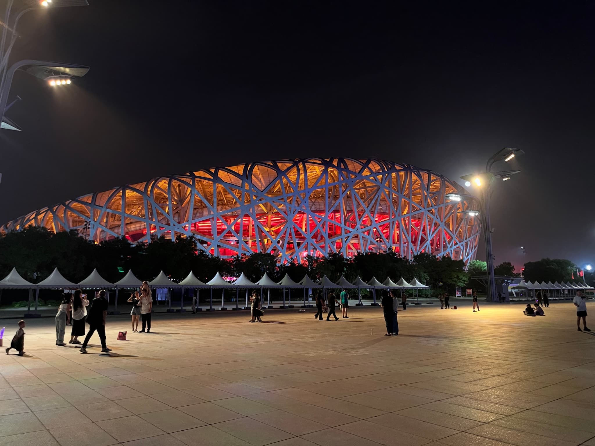 An upside-down view of a brightly lit structure with intricate lattice design, surrounded by trees and a reflective surface, under a dark sky