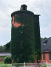 Ivy-covered cylindrical tower beside a red building and white fence