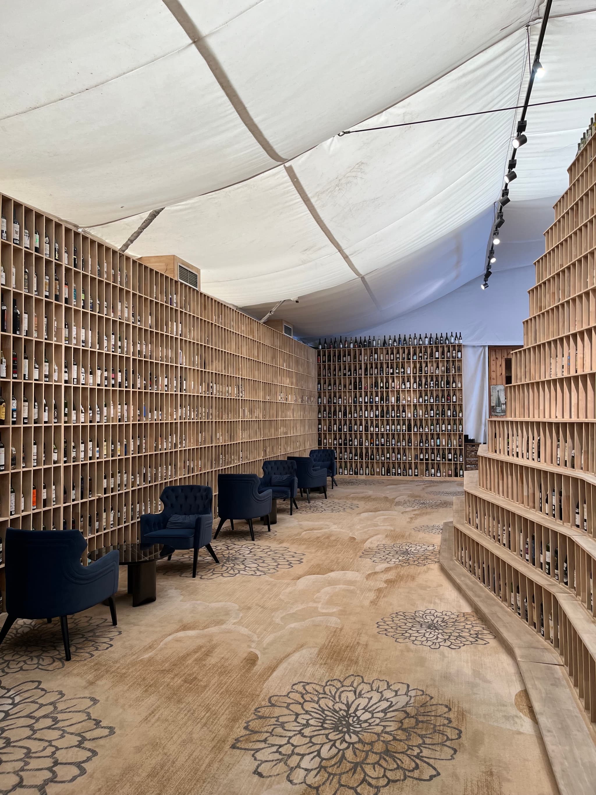 A wooden interior with a curved ceiling, patterned walls, and rows of blue chairs along the sides