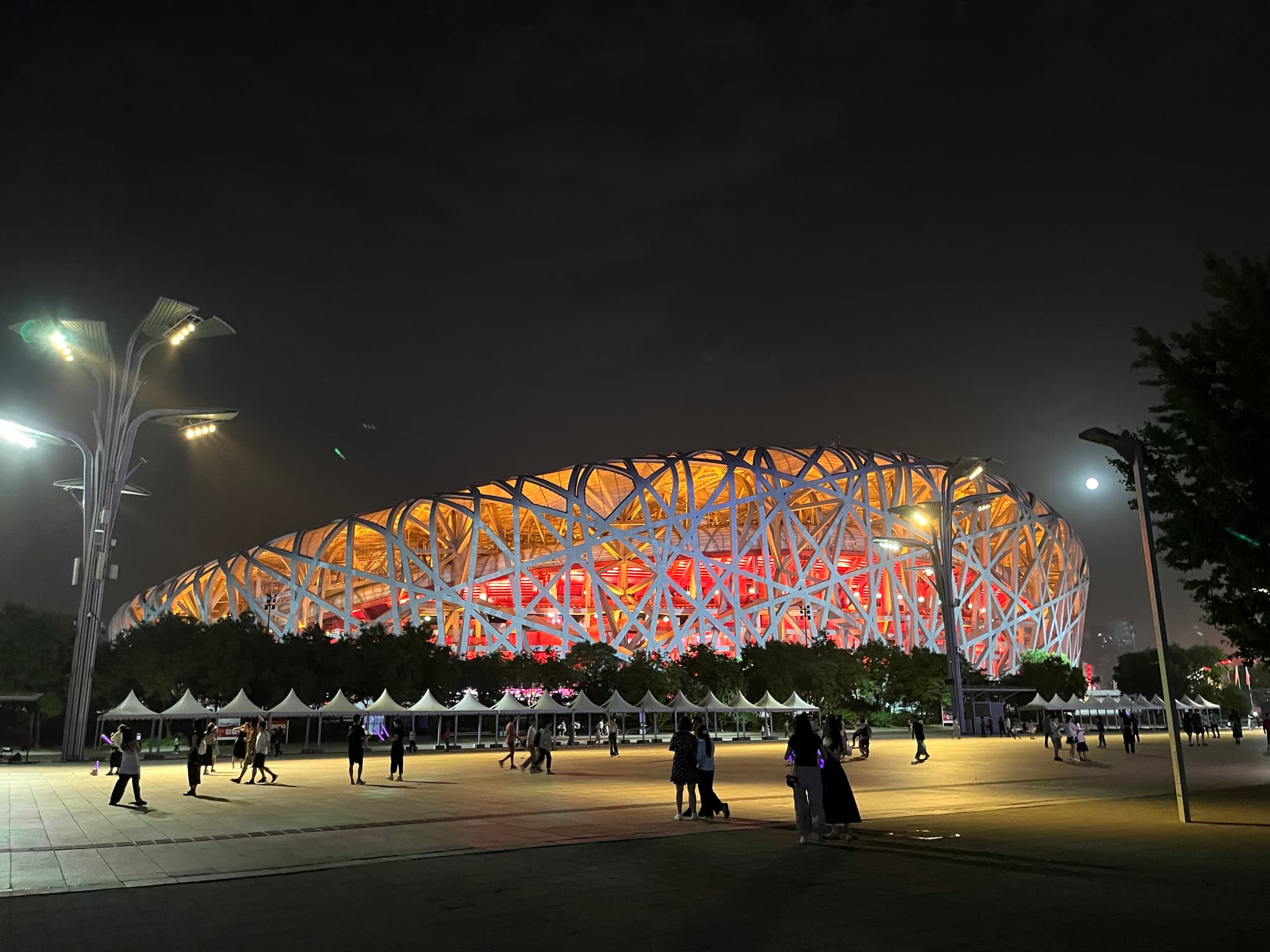Illuminated stadium at night with a complex, bird's nest-like exterior structure