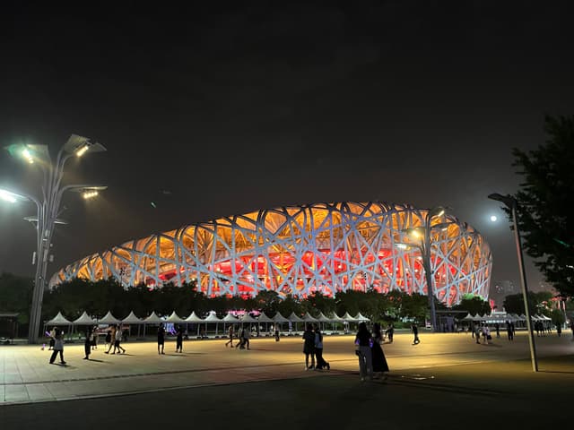 Illuminated stadium at night with a complex, bird's nest-like exterior structure