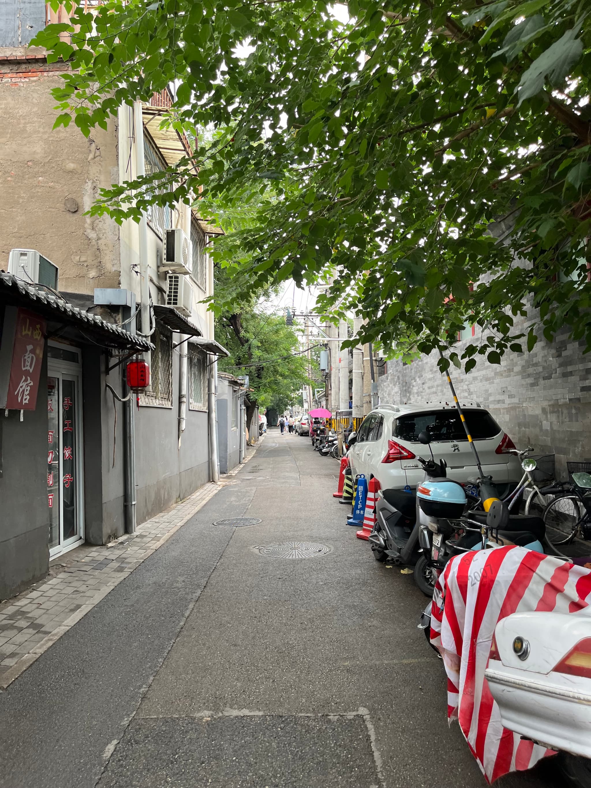 A narrow paved alleyway is lined with parked motorcycles and cars, with buildings on either side and trees overhanging the path