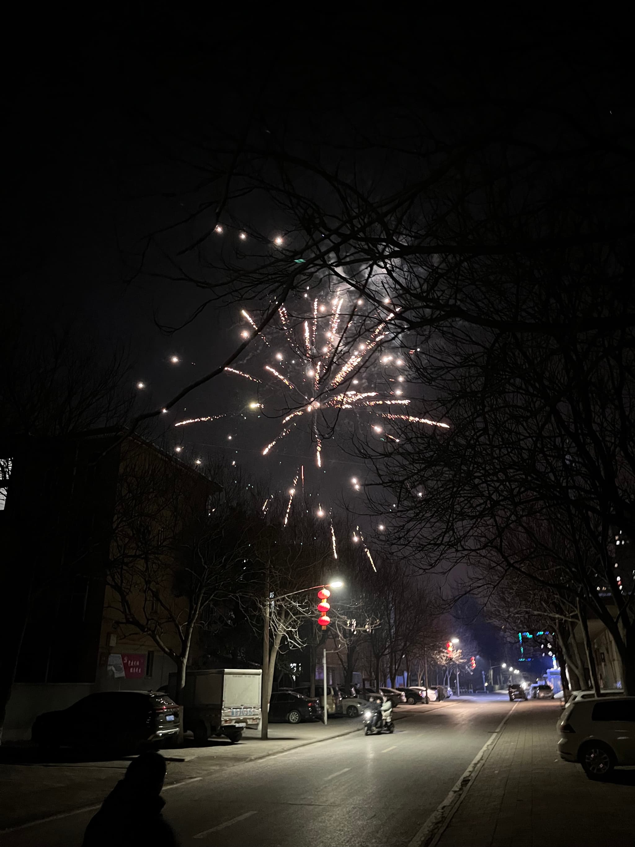 Fireworks lighting up the night sky above a dimly lit urban street with trees and parked cars