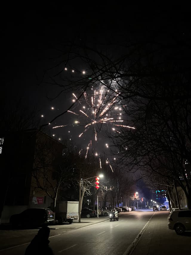 Fireworks lighting up the night sky above a dimly lit urban street with trees and parked cars
