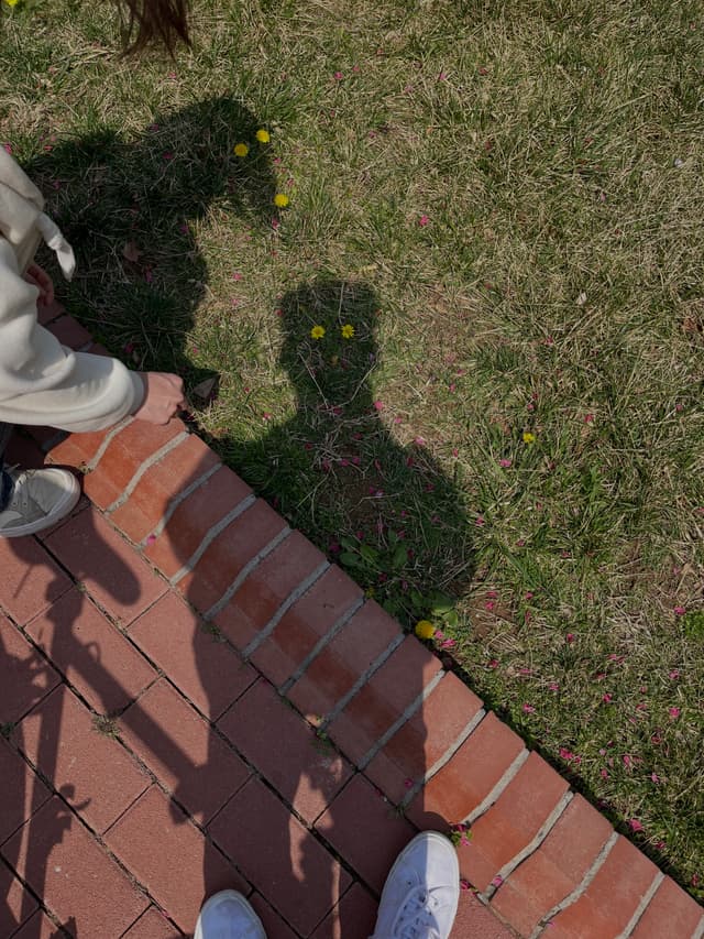 Shadows of two people on grass and a brick pathway, with parts of their feet visible