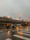 A person rides a bicycle across a wet crosswalk on a cloudy day, with cars and buses visible on the street