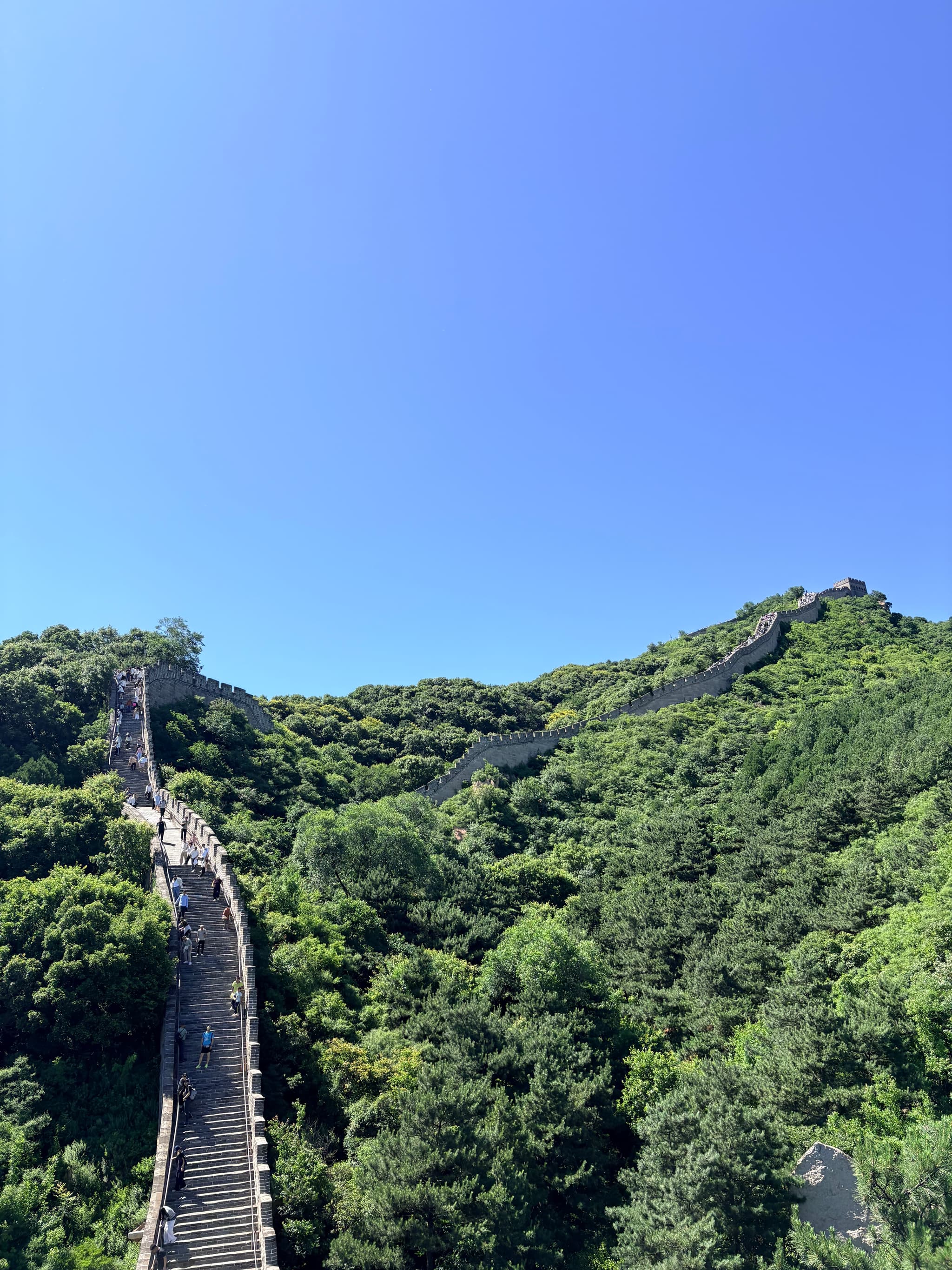 Stone ramparts winding through forested mountain ridges beneath a blue sky