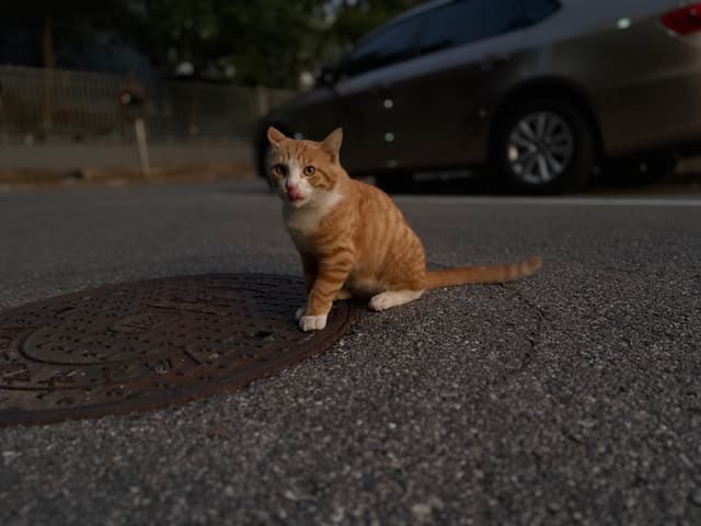 A ginger cat sitting on a road near a manhole cover, with a parked car and trees in the background