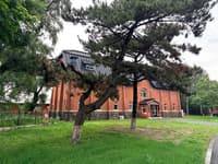 Red brick hall surrounded by pine trees and lawn